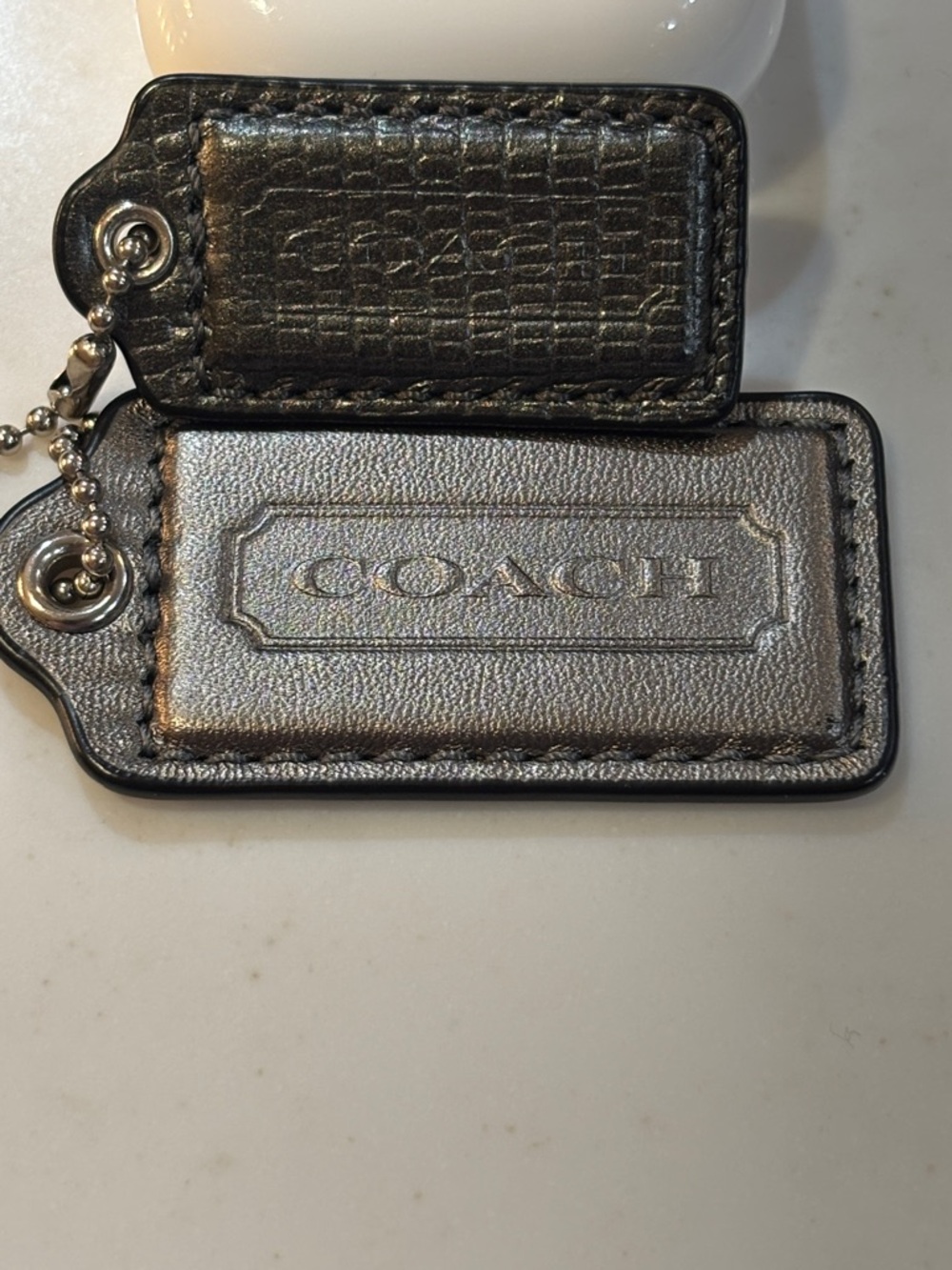 Coach Metallic Silver Leather Key & Card Tag Duo